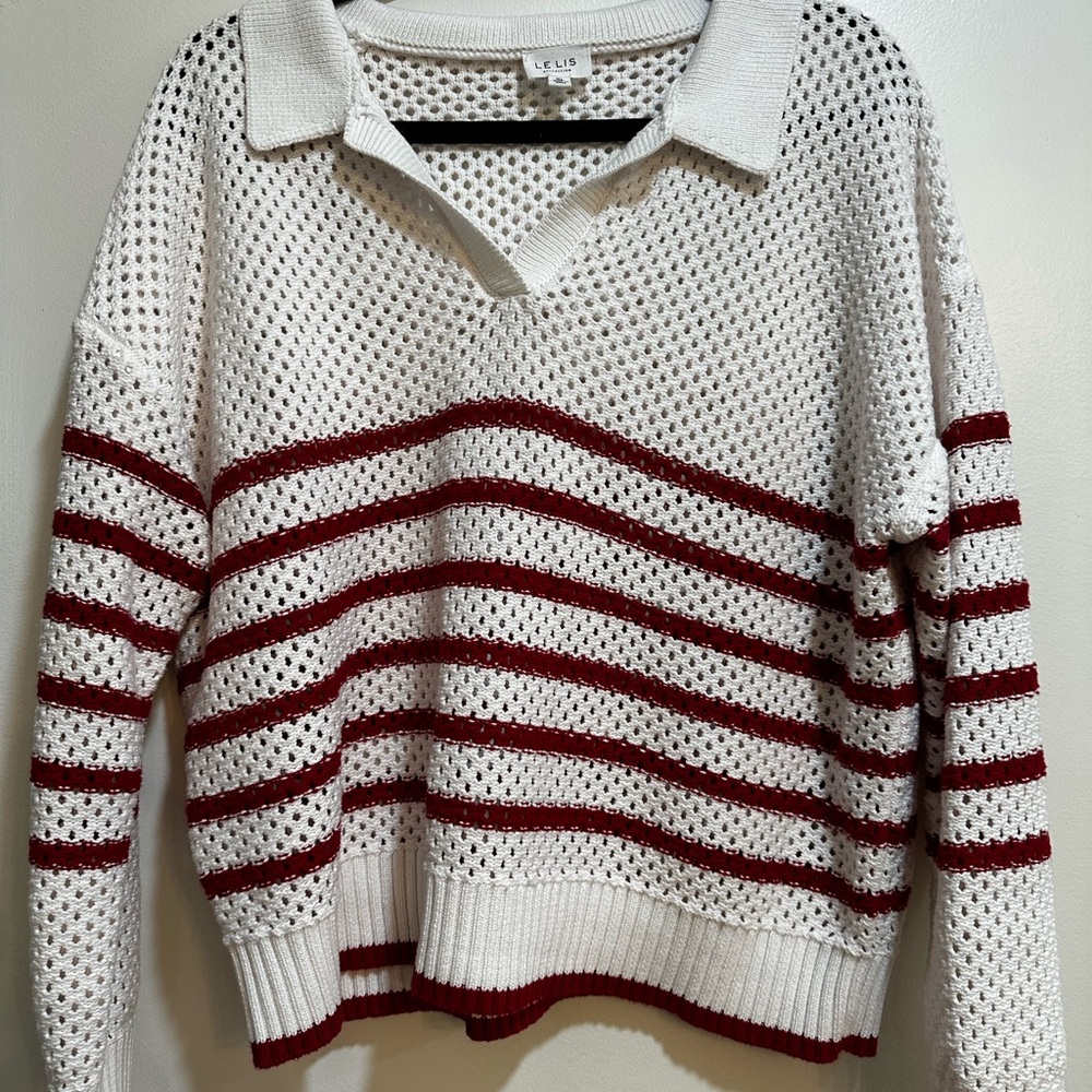 Le Lis White and Red V-Neck Sweater